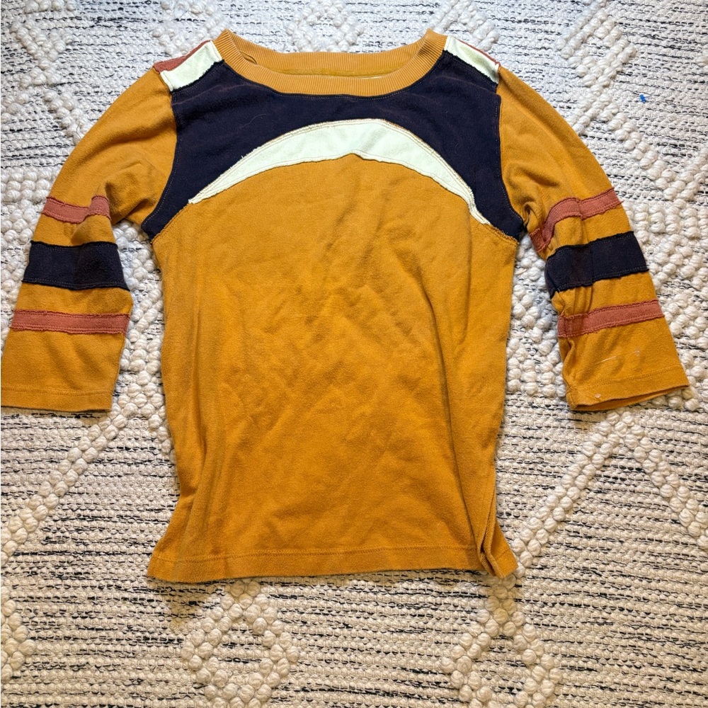 Free People Mustard Yellow Color Block Quarter Sleeve Top